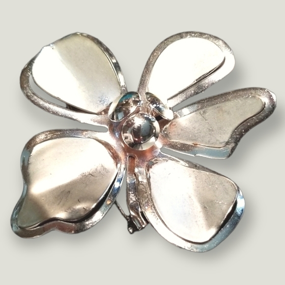 Vintage Mid Century Large Silver Tone Metal Flower Brooch Pin - Picture 11 of 12